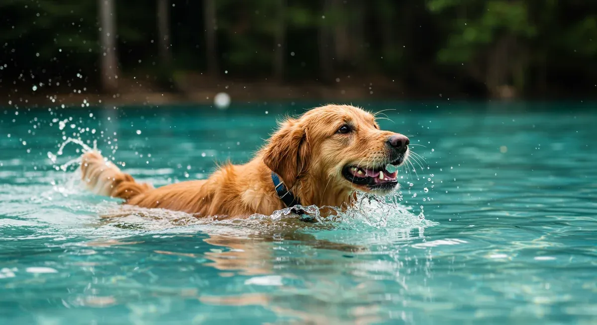 A Golden Retriever swimming in clear water, demonstrating the ideal low-impact exercise that provides joint support while maintaining fitness and muscle strength for dogs with arthritis