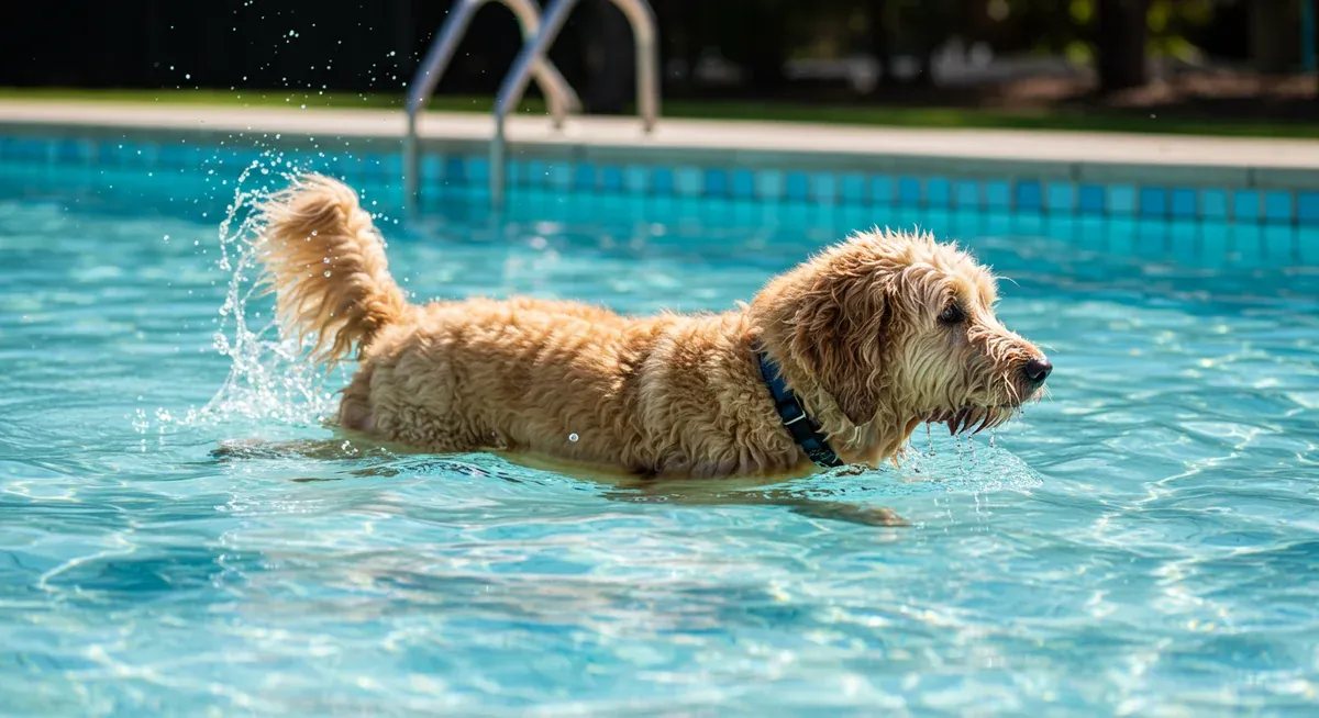 Goldendoodle swimming in pool showing ideal body condition and demonstrating low-impact exercise that supports joint health and weight management