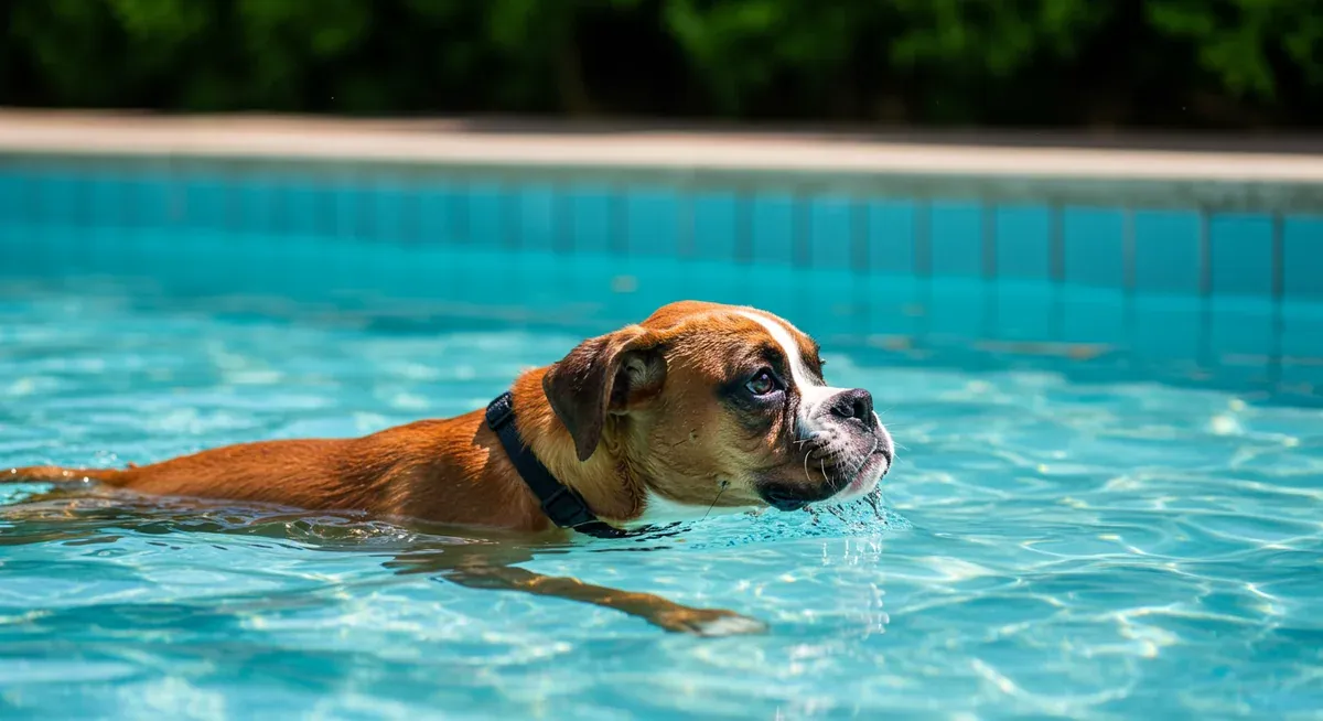 A Boxer dog swimming in a pool demonstrating low-impact exercise that protects developing hip joints while building muscle strength