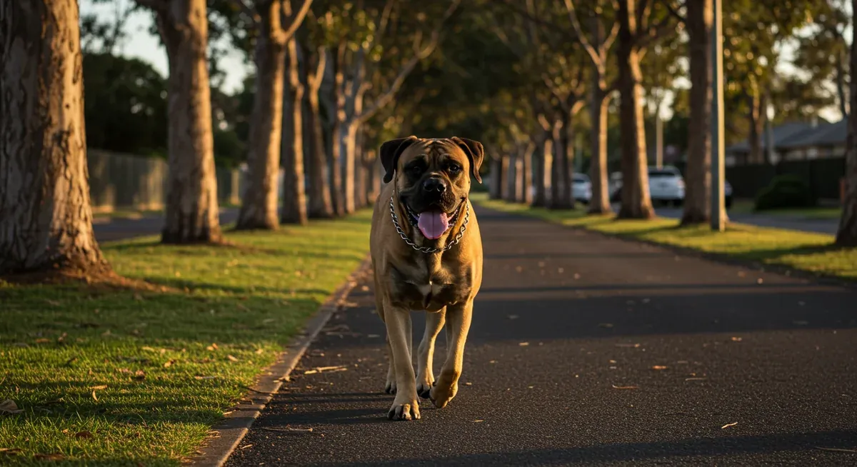 A Mastiff enjoying a moderate-paced walk with their owner, illustrating the appropriate exercise needs and gentle activity level suitable for giant breed dogs