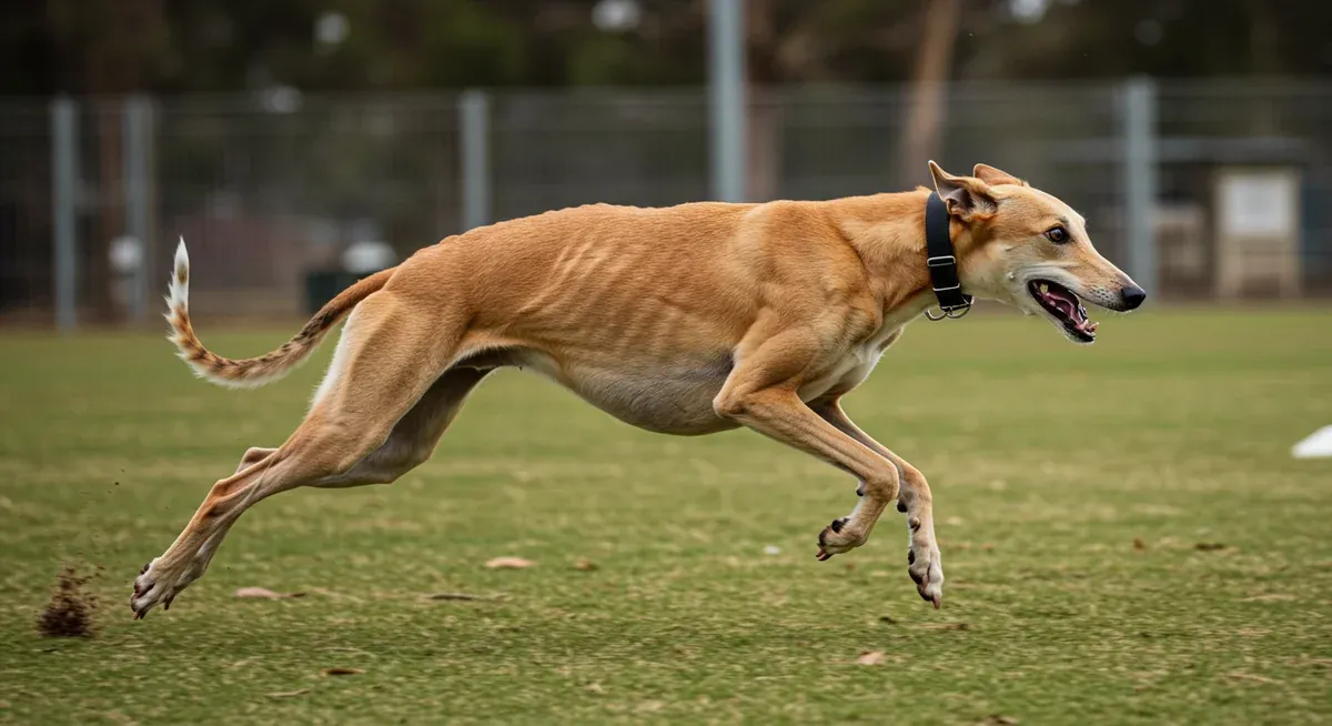Greyhound running at full sprint in a secure area, demonstrating the breed's natural sprinting ability and proper exercise for weight maintenance