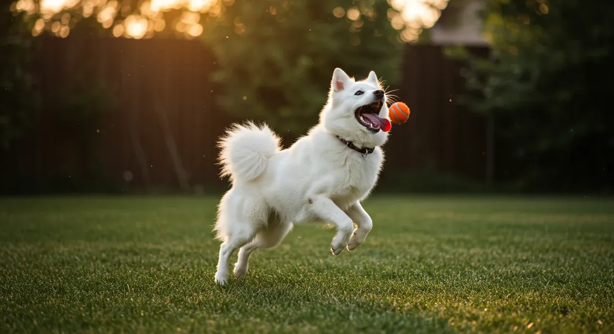American Eskimo dog in mid-leap catching a ball during active play, showcasing the high-energy exercise requirements needed for proper weight management in this breed