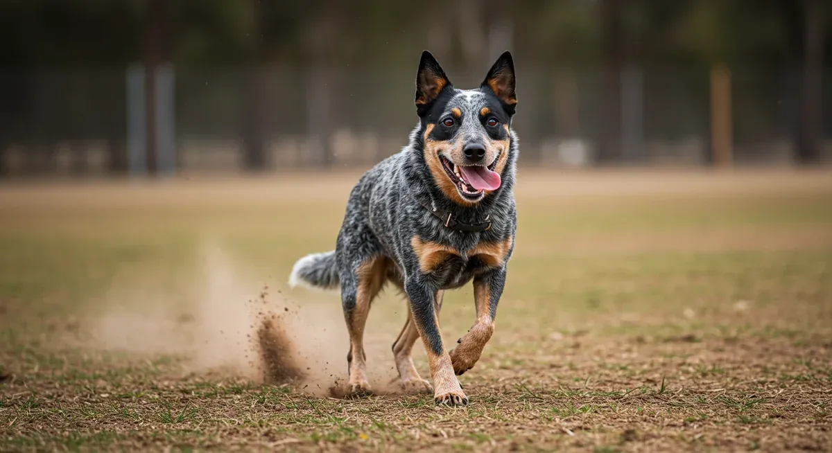 Athletic Blue Heeler dog running at full speed across an open field, demonstrating the breed's high energy and exercise requirements with dust trailing behind