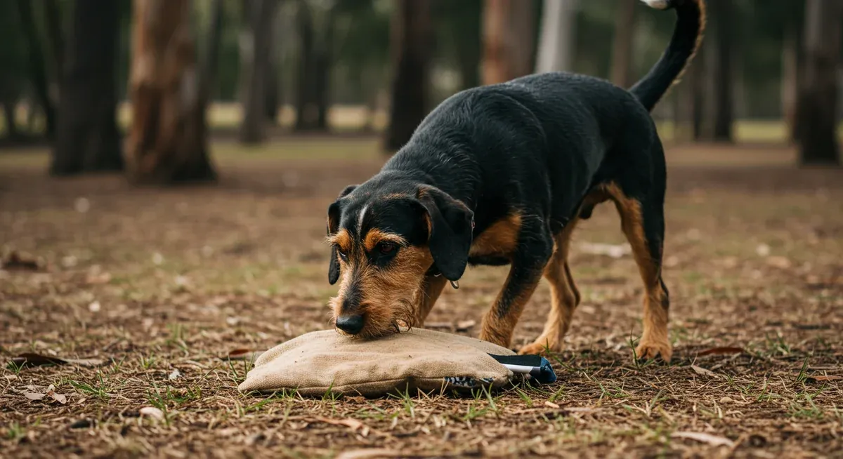 A Petit Basset Griffon Vendeen actively engaged in mental stimulation exercise, demonstrating the breed's need for 1-2 hours of daily physical and mental activity to prevent behavioral issues