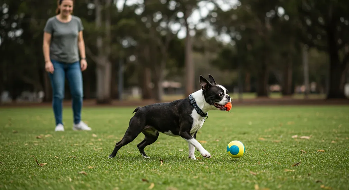Boston Terrier playing fetch in a park, demonstrating the breed's preference for short bursts of exercise rather than prolonged activity