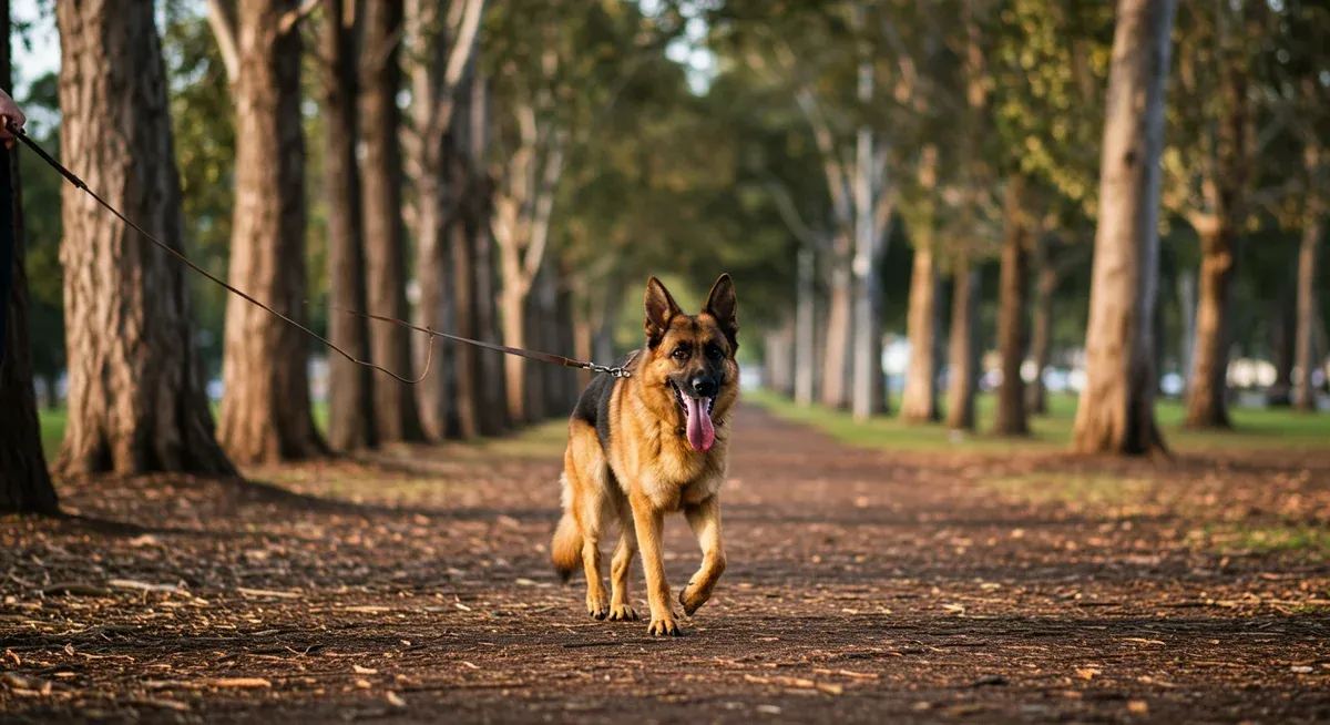 A German Shepherd on a leash walking with its owner on a park path, illustrating the daily exercise routine recommended for healthy weight loss