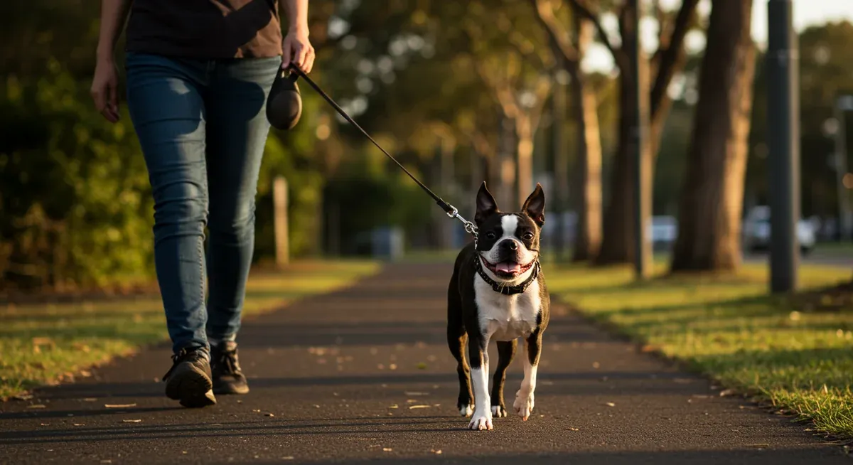 A Boston Terrier enjoying a gentle morning walk on a shaded suburban path, demonstrating appropriate low-intensity exercise that supports their health without causing respiratory stress.