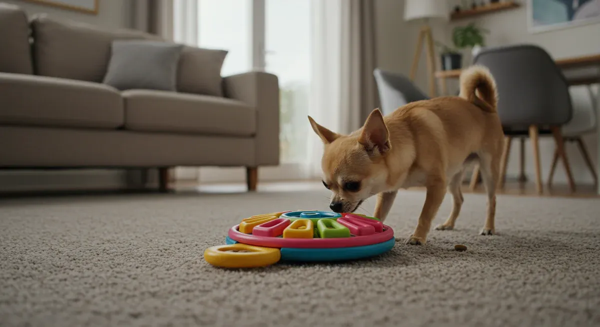 A Chihuahua actively playing with an interactive puzzle feeder toy, showing appropriate gentle exercise and mental stimulation for small breed dogs