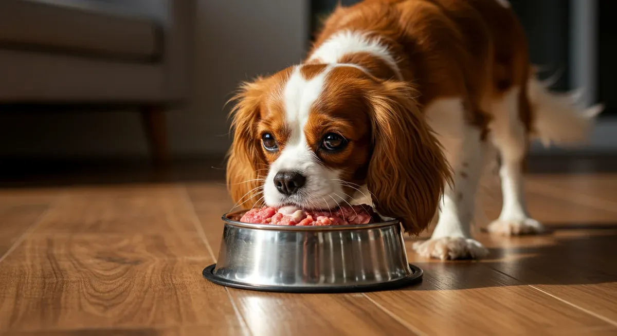 Healthy Cavalier King Charles Spaniel with shiny coat eating a properly prepared raw diet, demonstrating the benefits of fresh feeding on coat and overall health