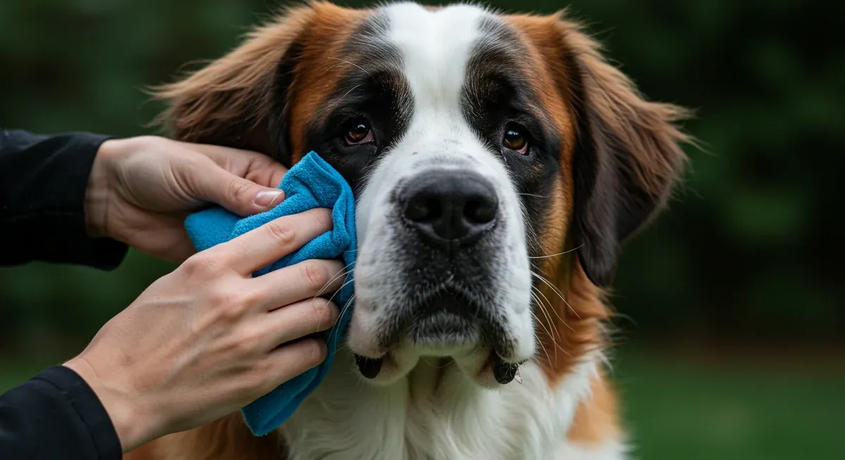 Close-up view of Saint Bernard facial features showing the skin folds around eyes and face that require regular cleaning, with hands demonstrating proper care technique as described in the article