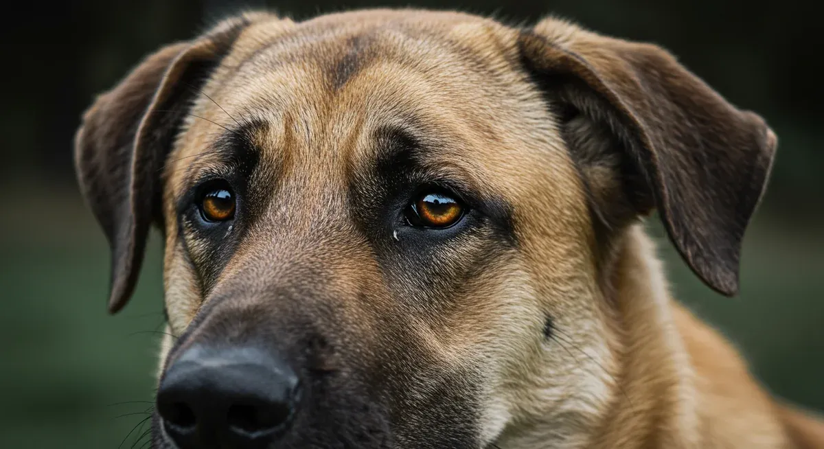 Close-up view of an Anatolian Shepherd's eyes and ears, showing the facial features that require monitoring for conditions like entropion and ear infections as discussed in the health guide
