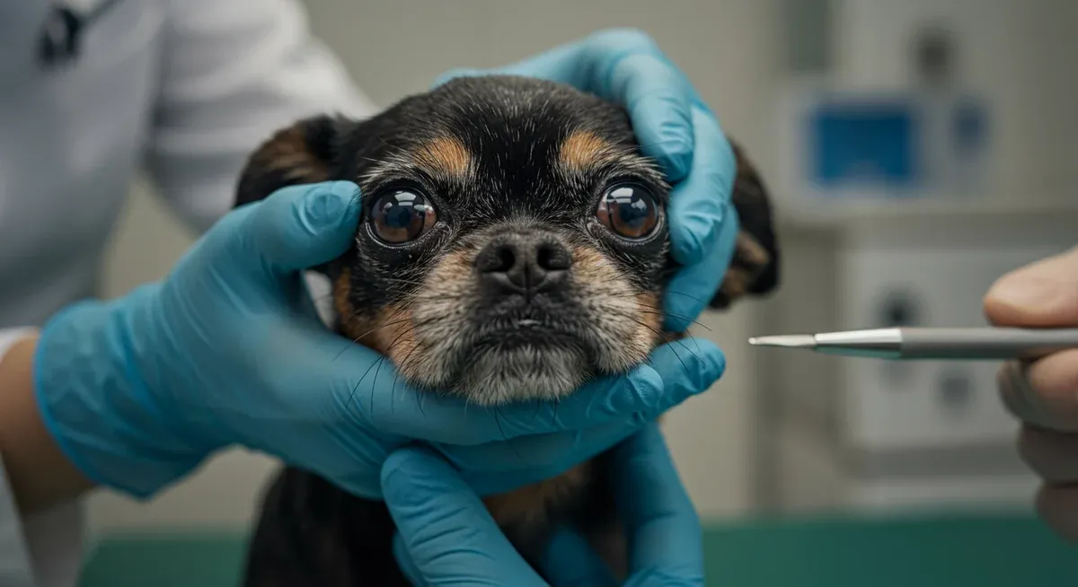 Close-up veterinary examination of an Affenpinscher's prominent eyes, showing the eye structure that makes this breed vulnerable to corneal injuries and infections