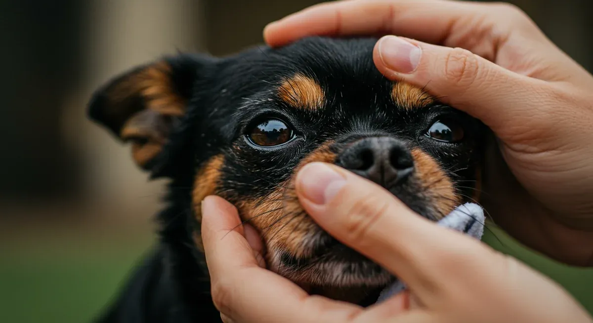 Close-up of an Affenpinscher's prominent eyes being cleaned with a cloth, demonstrating proper eye care for this vulnerable breed feature