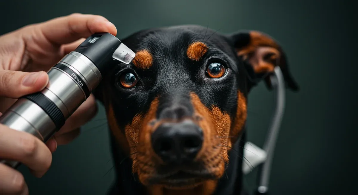 Close-up veterinary eye examination of German Pinscher using ophthalmoscope to check for hereditary eye conditions