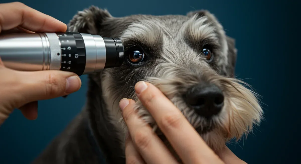 A Standard Schnauzer receiving a professional eye examination with an ophthalmoscope, illustrating the importance of regular eye health screenings for detecting conditions like cataracts and dry eye.