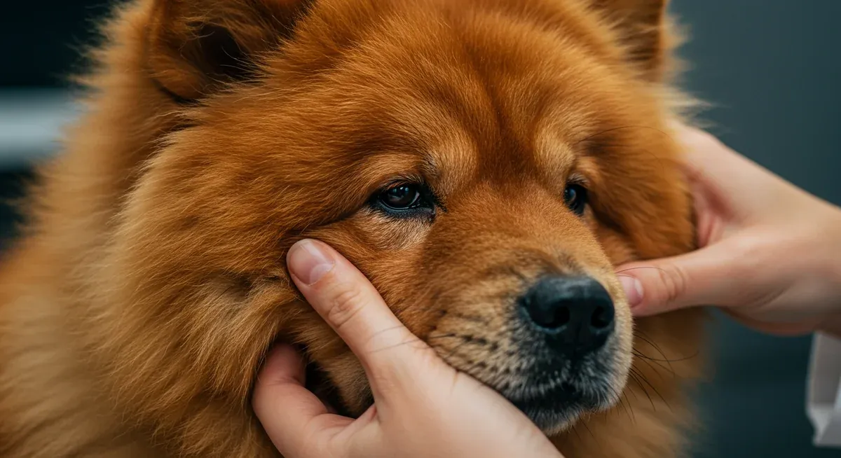 Close-up of a Chow Chow's distinctive facial features with veterinarian examining the eye area to check for entropion condition