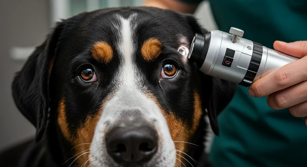 Close-up of a Greater Swiss Mountain Dog receiving an eye examination with veterinary equipment, illustrating the importance of regular eye health screening for this breed