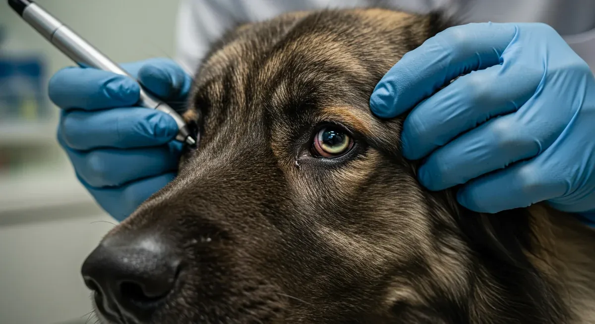 Close-up of a Caucasian Shepherd Dog's eye showing cataract cloudiness while being examined by a veterinary specialist, demonstrating eye condition assessment