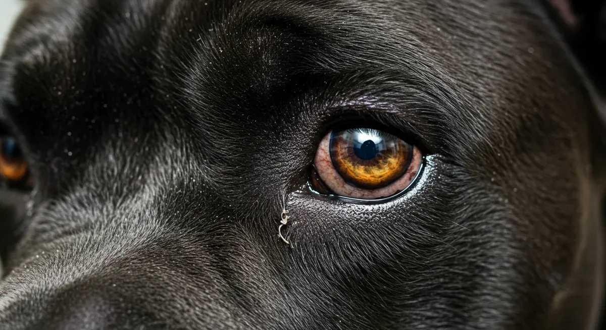 Close-up of a Cane Corso's eye showing entropion condition where the eyelid rolls inward, causing eyelashes to irritate the cornea