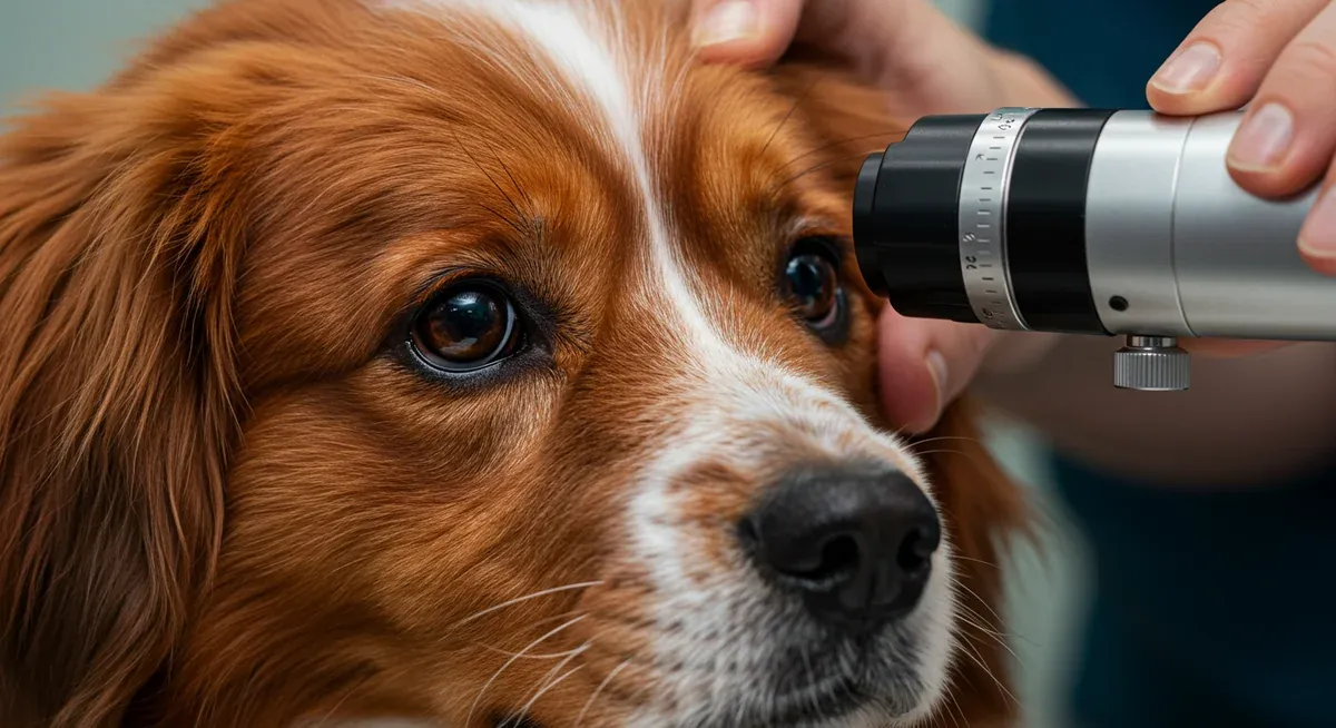 Close-up of a Tibetan Terrier receiving a professional eye examination with ophthalmoscope to check for inherited eye conditions like PRA and cataracts