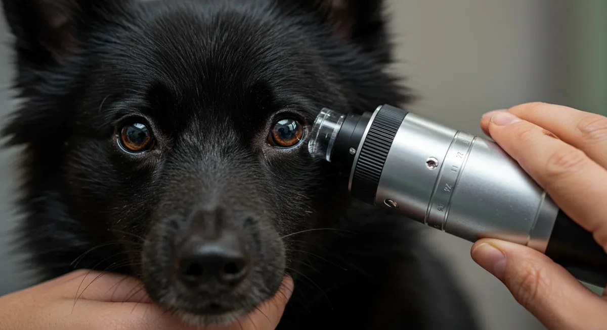 Close-up of a Schipperke receiving an eye examination with veterinary equipment, demonstrating preventive eye health screening