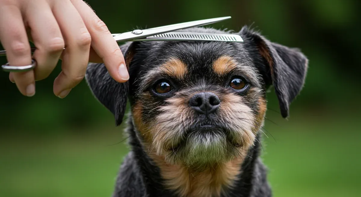 An Affenpinscher's distinctive facial features including bushy eyebrows and beard, with grooming scissors positioned to show proper eye hair trimming technique for maintaining vision and breed characteristics