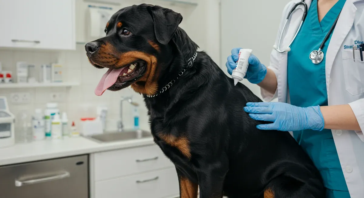 Veterinarian applying topical flea prevention treatment to a calm Rottweiler on an examination table, demonstrating proper flea control methods