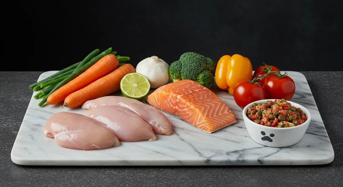 Fresh raw dog food ingredients including raw meat, fish, and vegetables arranged on a cutting board with a bowl of prepared fresh food, illustrating modern fresh feeding options for Papillons