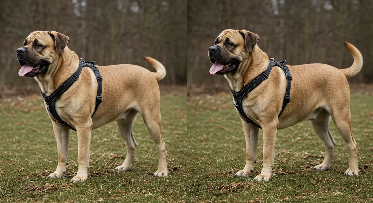 Two Mastiffs demonstrating the difference between front-clip and back-clip harness designs, showing the contrasting leash attachment positions and their effects on dog control