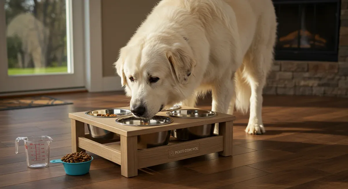 Great Pyrenees dog at feeding station with multiple bowls and measuring cup, demonstrating proper portion control and feeding schedule management