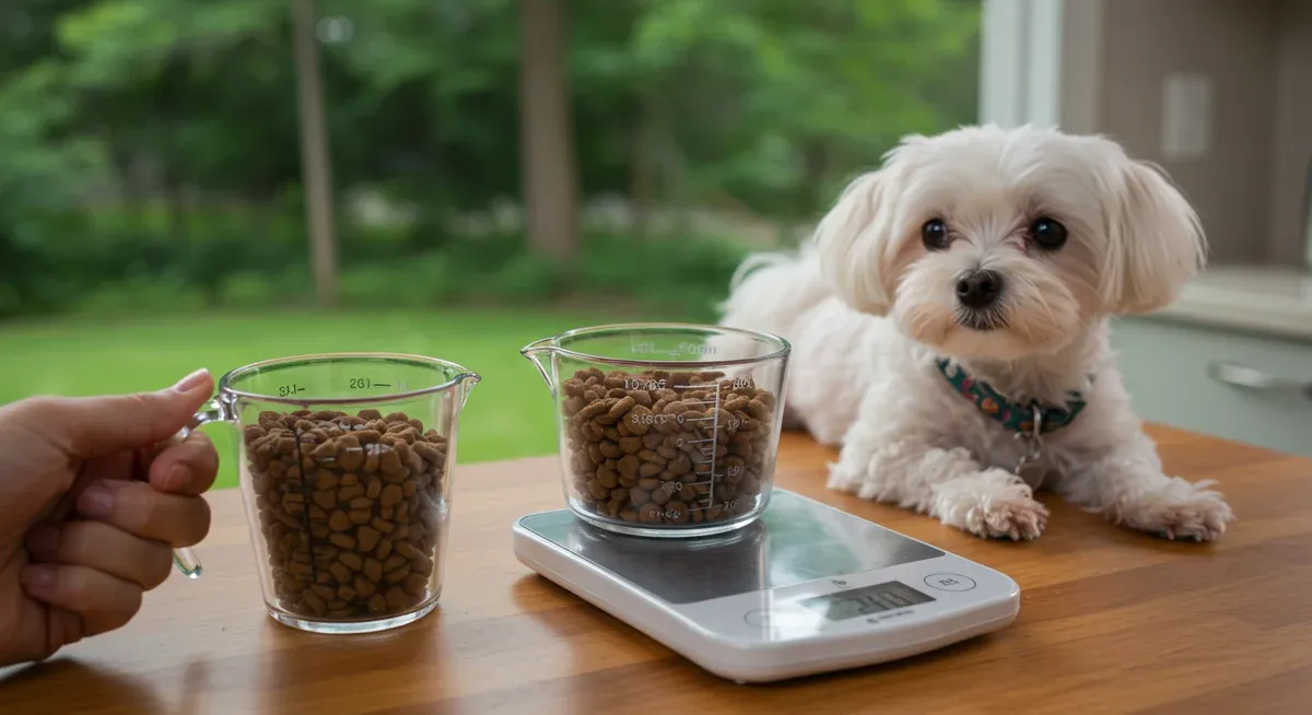 Measuring cup with dog food portion next to a small Maltese, showing proper portion sizing for tiny breed dogs