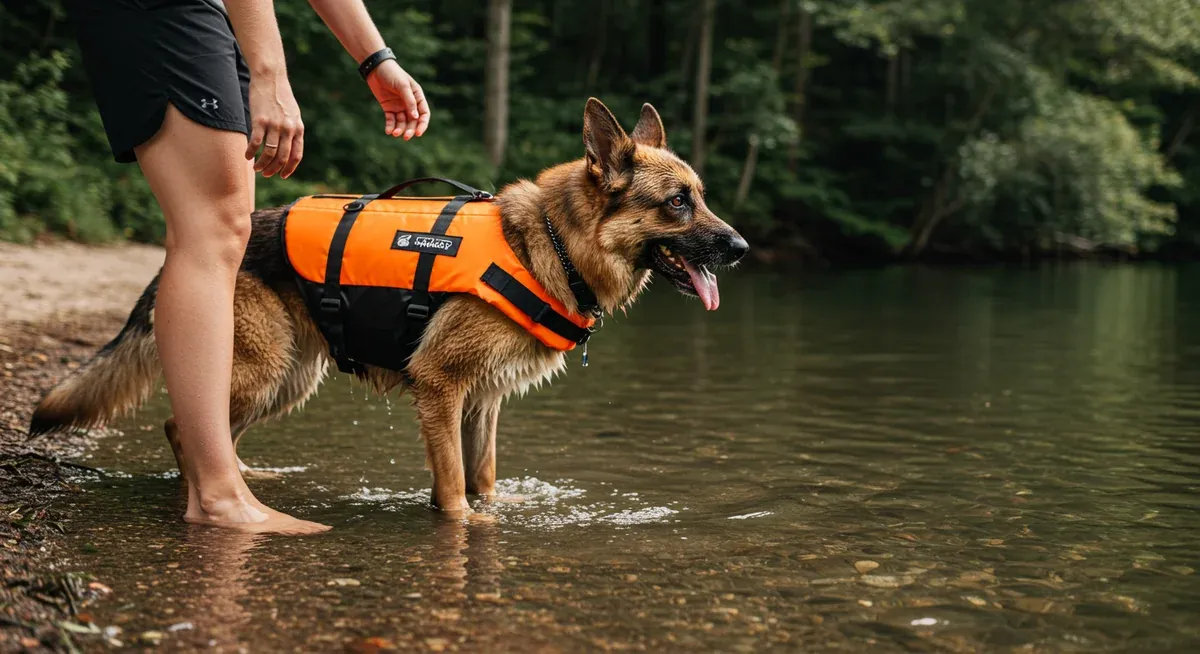 German Shepherd wearing a life vest in shallow water during initial swimming introduction, demonstrating safe practices for starting water exercise