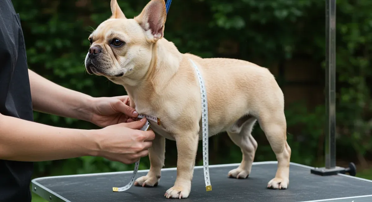 Hands measuring a French Bulldog's chest with a measuring tape, demonstrating the proper technique for sizing a harness to fit the breed's unique proportions