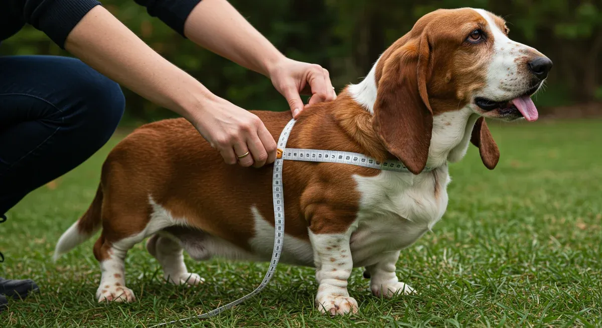 Hands measuring a Basset Hound's chest girth with a soft tape measure, demonstrating the proper technique for sizing a harness for this breed
