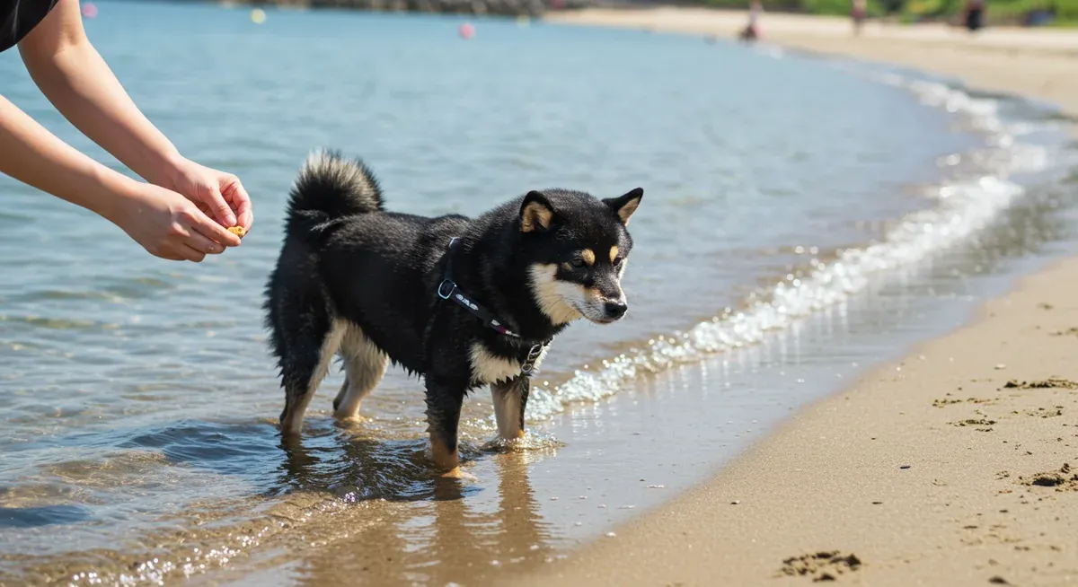 A Shiba Inu carefully exploring shallow water with owner guidance, illustrating the gradual water introduction training process