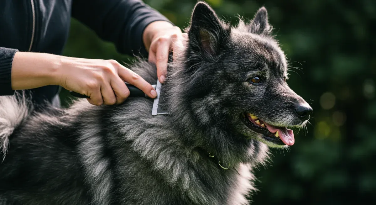 Senior Keeshond being gently groomed with a slicker brush, showing proper coat care techniques for aging dogs with double coats