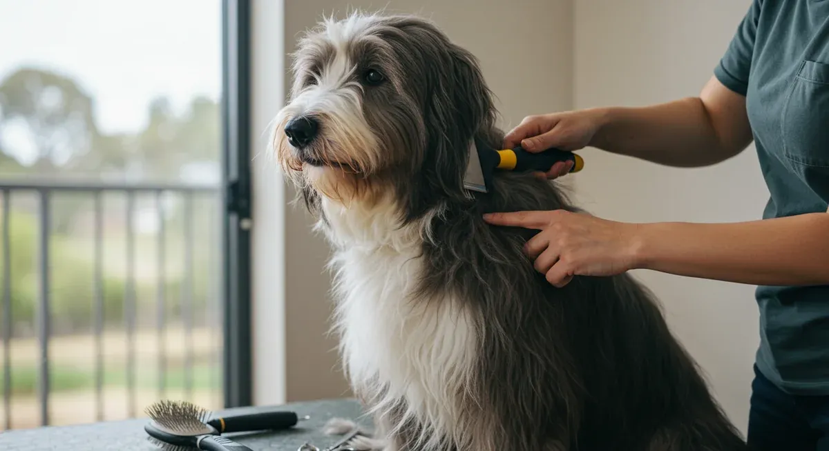 A Bearded Collie being brushed by its owner during daily grooming routine, showing the dog's long coat and grooming tools in a home setting