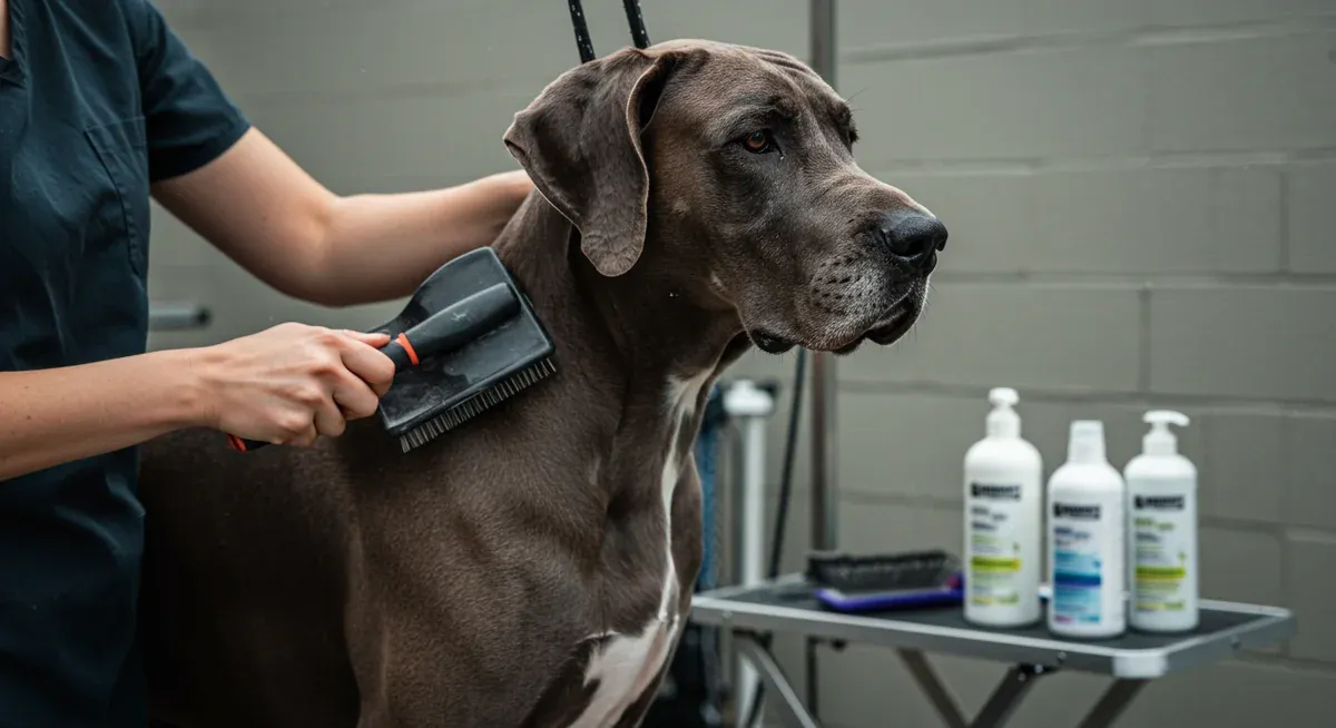 Great Dane receiving professional grooming with brush and hypoallergenic products visible, demonstrating proper skin care maintenance routine