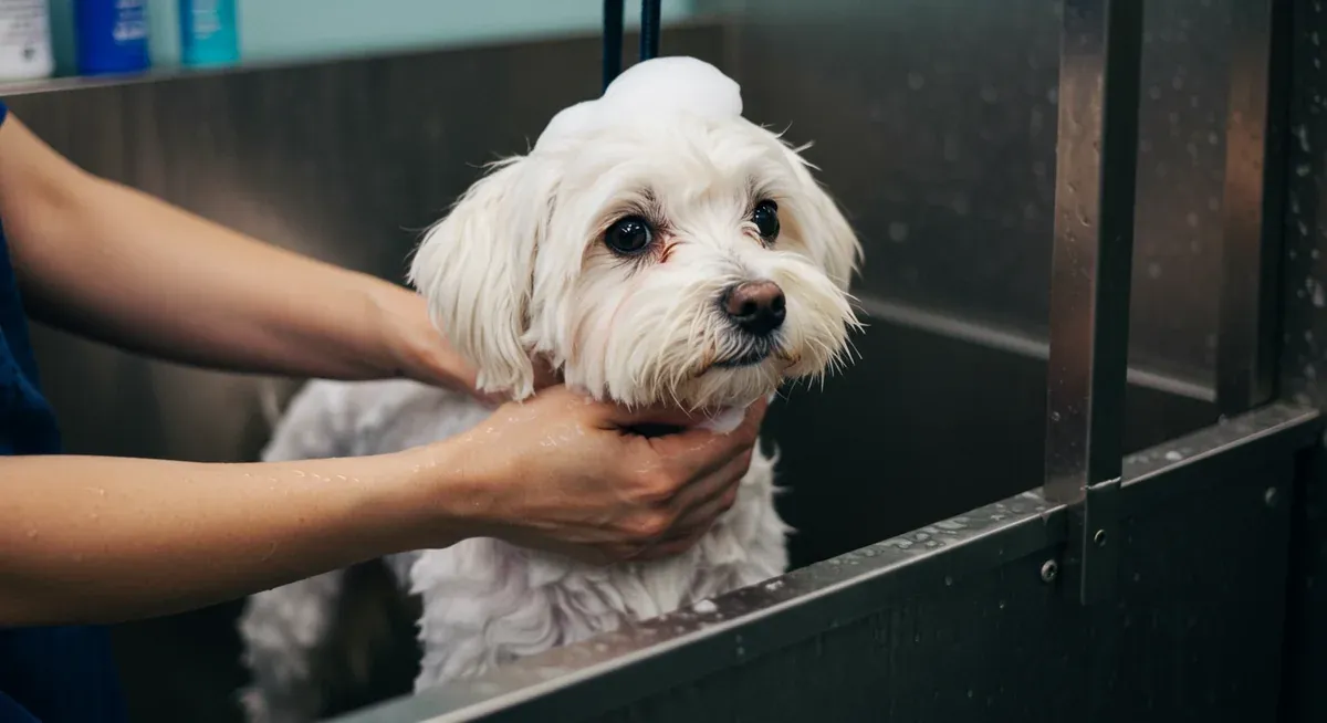 Professional grooming session showing a Bichon Frise receiving a therapeutic bath with hypoallergenic shampoo for skin care management