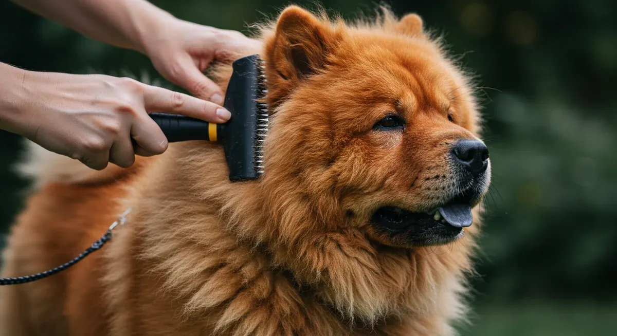 A Chow Chow being groomed with a slicker brush, illustrating the regular coat maintenance required and how it can serve as bonding time