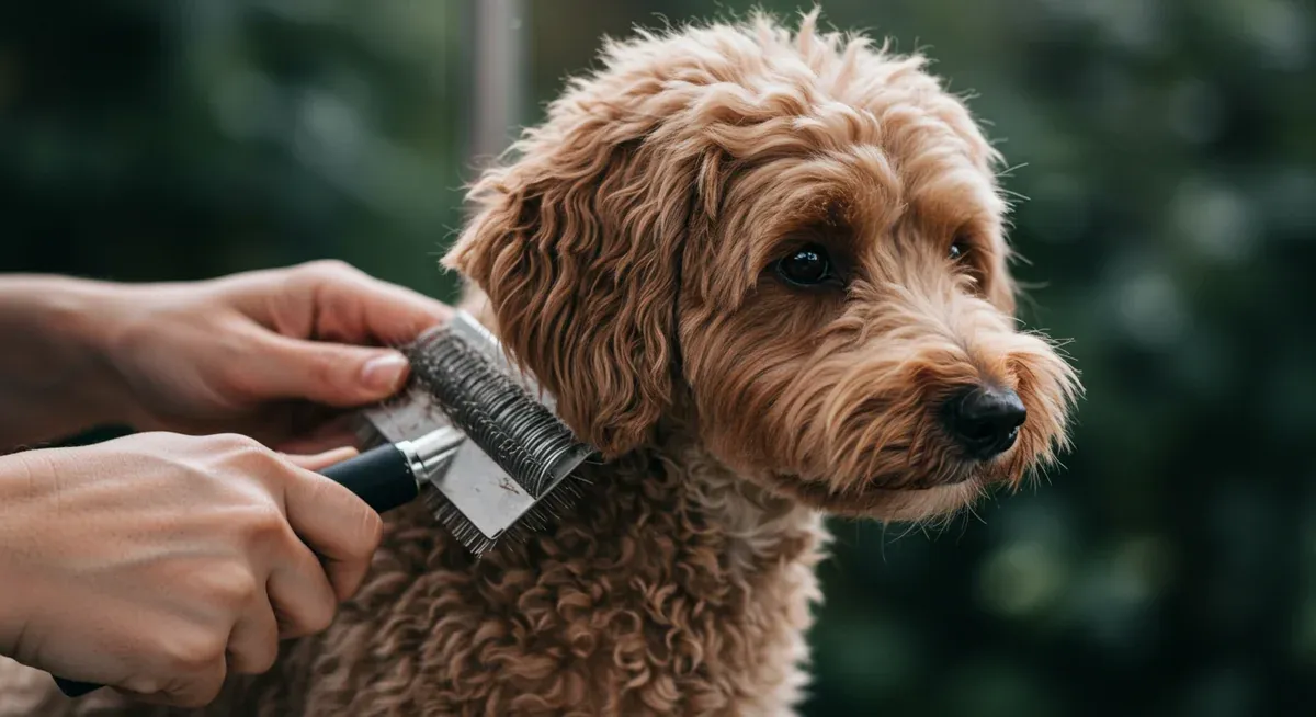 Close-up of a Moodle being brushed with a slicker brush, showing their fluffy coat texture and demonstrating the regular grooming maintenance required 3-4 times weekly