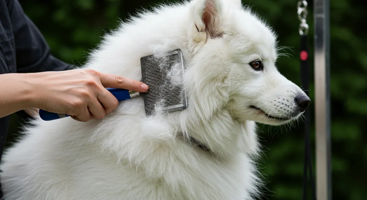 A Samoyed being brushed with a slicker brush, showing the daily grooming routine required for their thick double coat with visible loose fur