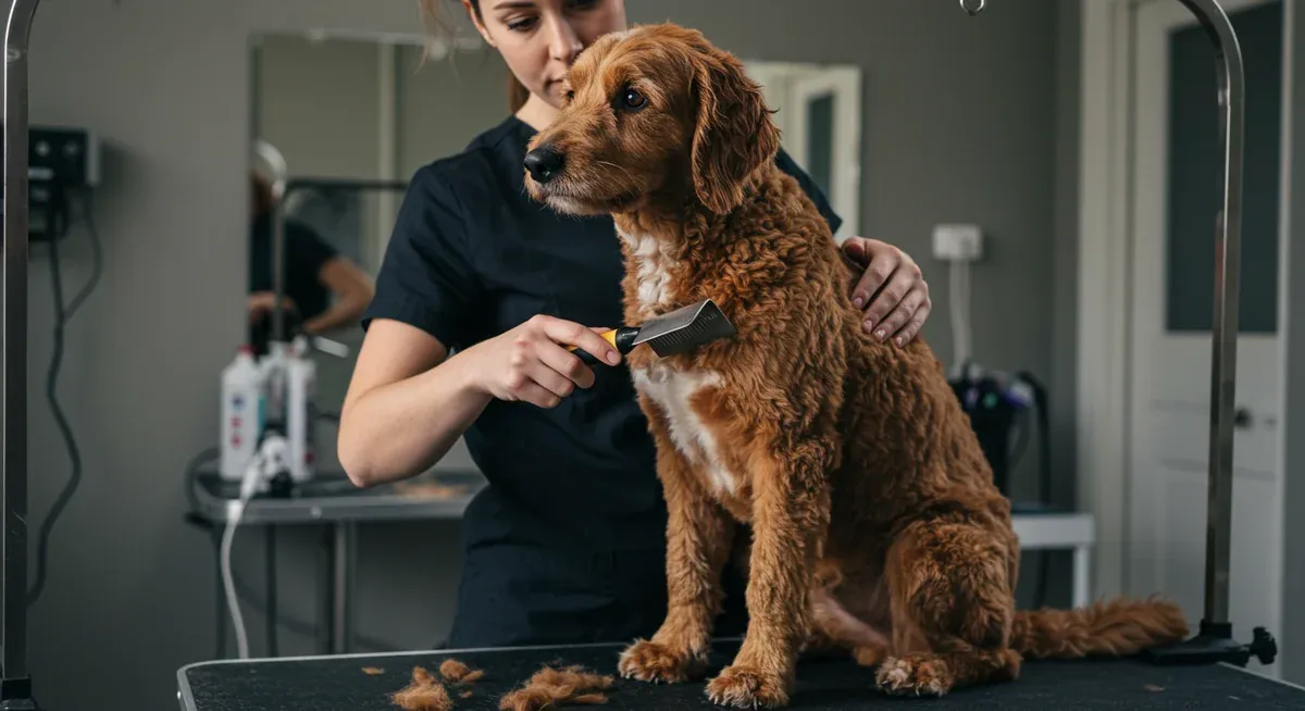 A Cobberdog receiving professional grooming, demonstrating the regular coat maintenance required for this breed's curly, low-shedding coat