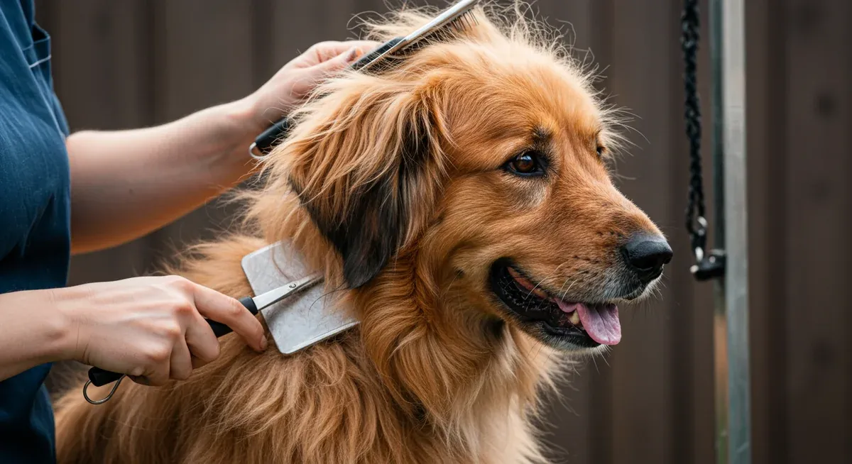 A Briard dog being professionally groomed, showing the extensive coat maintenance requirements discussed in this section