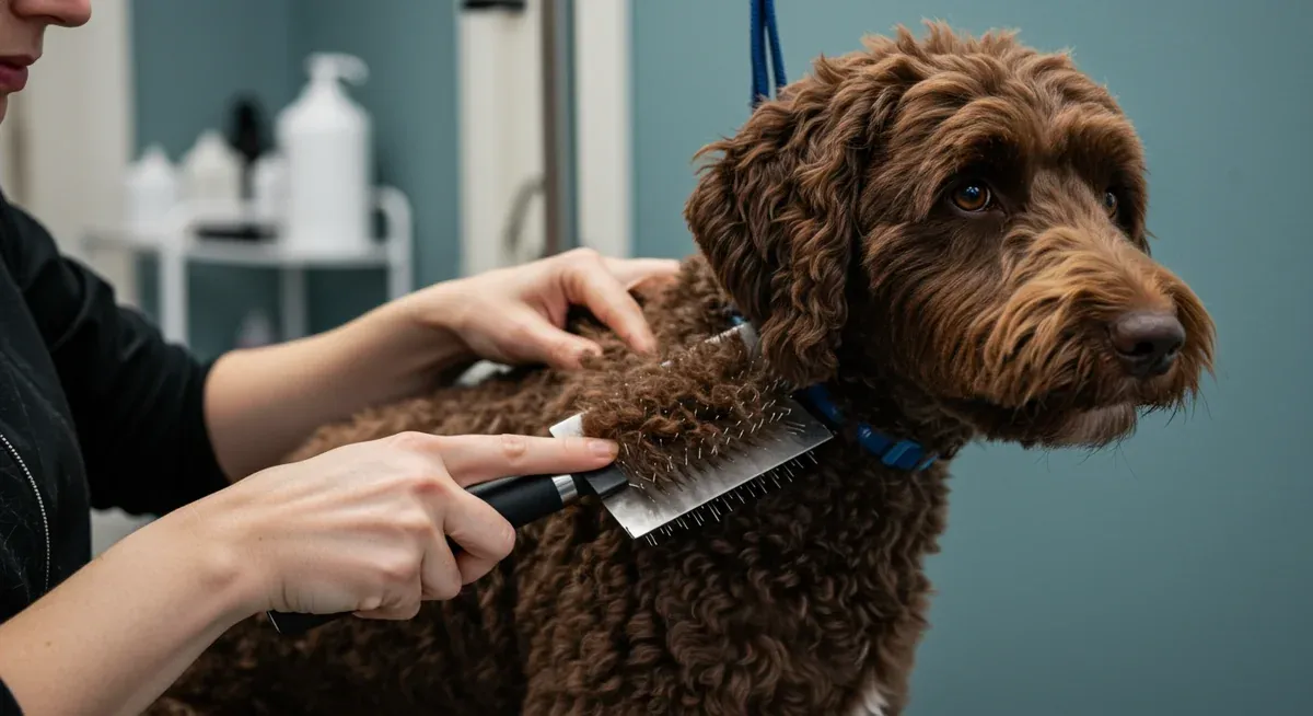 Professional groomer brushing a Labradoodle's curly coat with proper technique to prevent matting and maintain healthy skin
