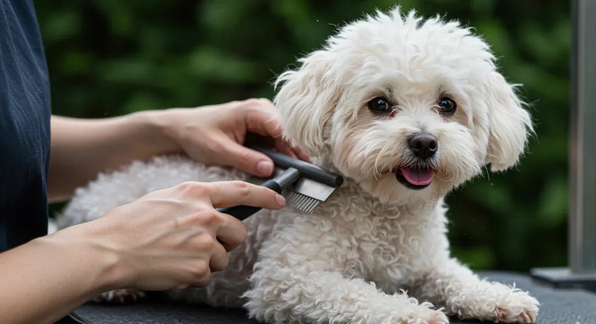 A calm Bichon Frise being brushed during a grooming session, demonstrating how regular coat care contributes to their comfort and well-being