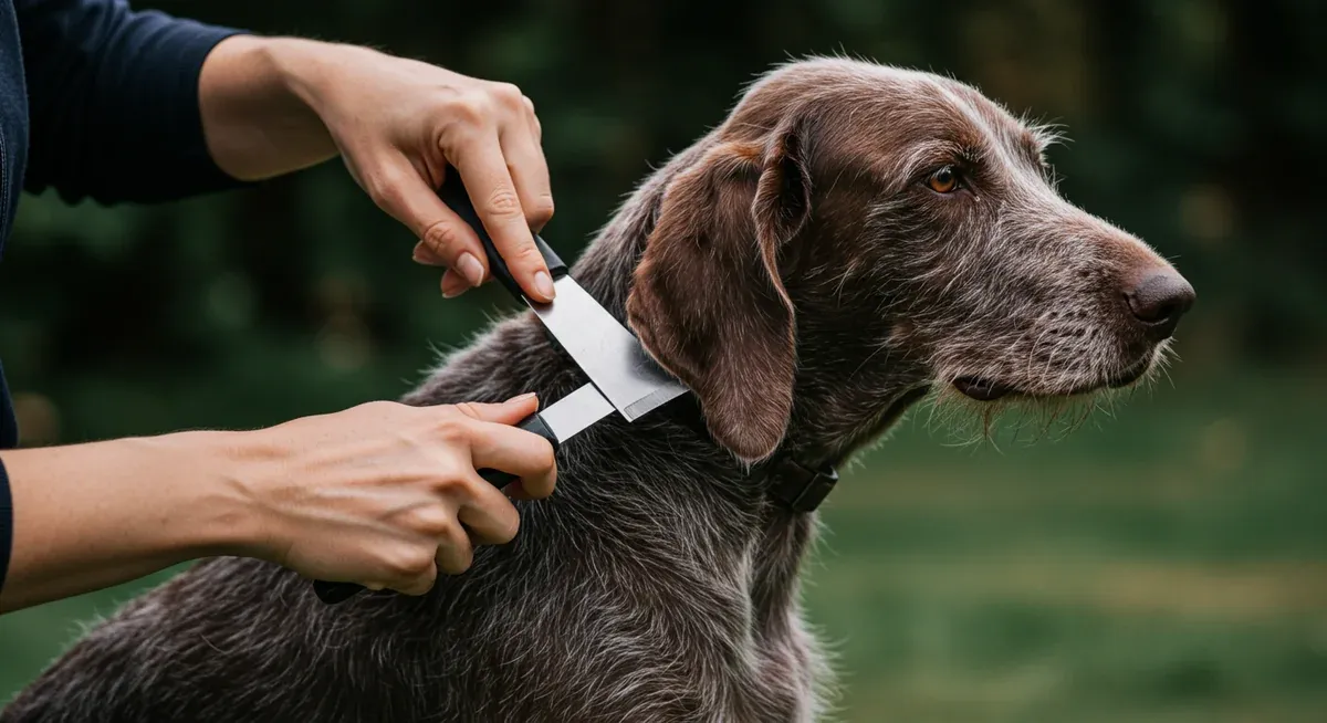 Professional groomer demonstrating hand-stripping technique on a Spinone Italiano's coat using proper stripping tools