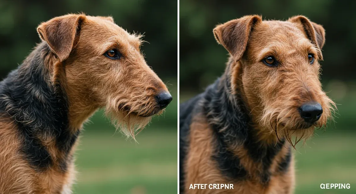 Side-by-side comparison of Airedale Terrier coat texture showing the difference between hand-stripped wiry coat and clipped softer coat