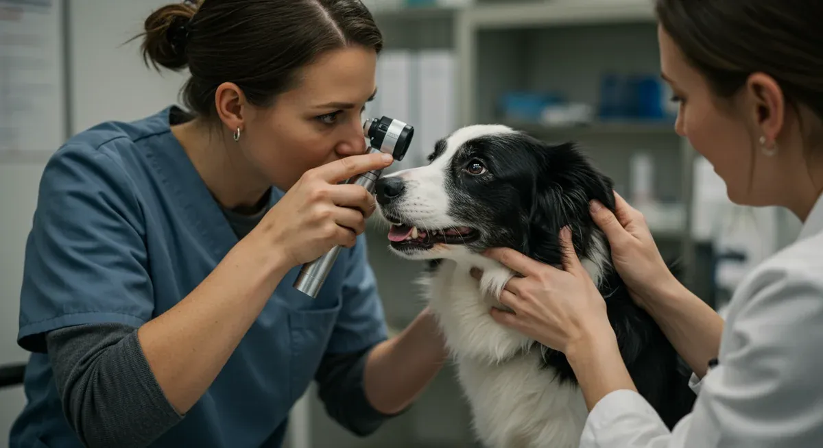 Border Collie receiving a professional eye examination from a veterinarian, illustrating the health monitoring needed for conditions like Collie Eye Anomaly and Progressive Retinal Atrophy