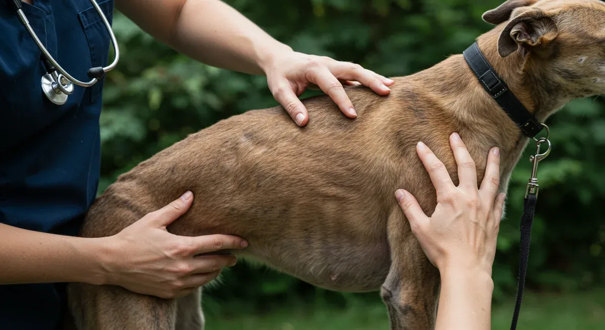 Veterinary examination of a Greyhound's coat to check for health-related shedding issues like hypothyroidism, showing professional assessment of coat condition and potential problem areas